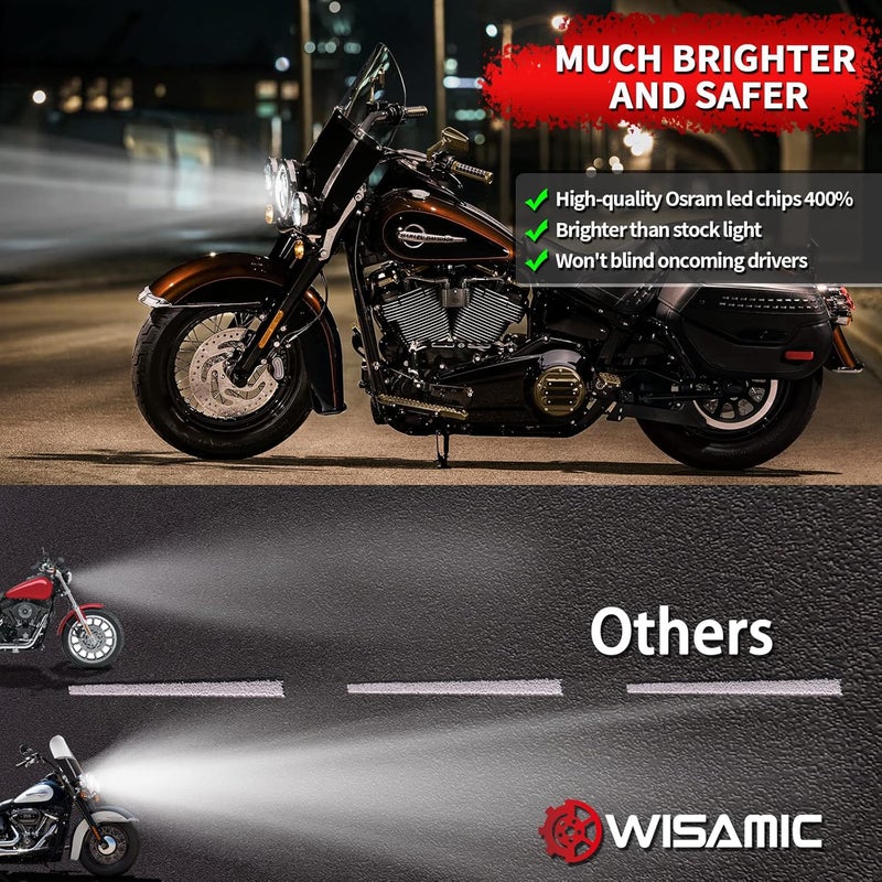 Wisamic Motorcycle LED Headlight 7 inch, 4.5 inch Passing Lamps Fog Lights and Mounting Ring, Compatible with Harley Davidson Road King Ultra Classic Electra Street Glide (Silver) - Image 4
